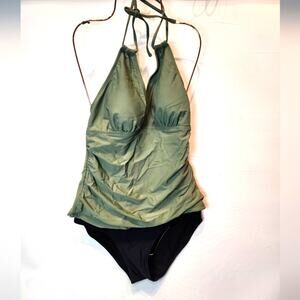 New Yonique 2 Piece Sage Tankini Swimsuit Olive Black Two Piece Halter Top  M